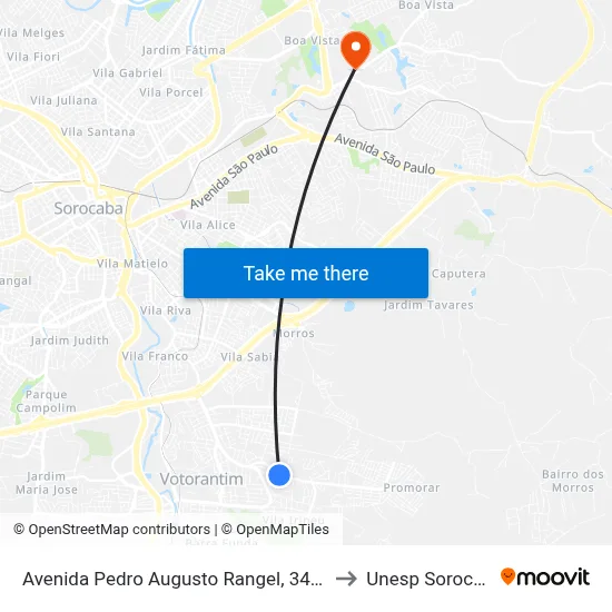 Avenida Pedro Augusto Rangel, 342-390 to Unesp Sorocaba map