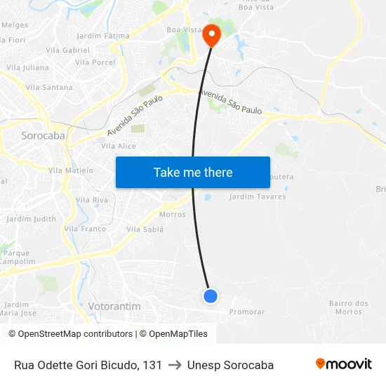 Rua Odette Gori Bicudo, 131 to Unesp Sorocaba map
