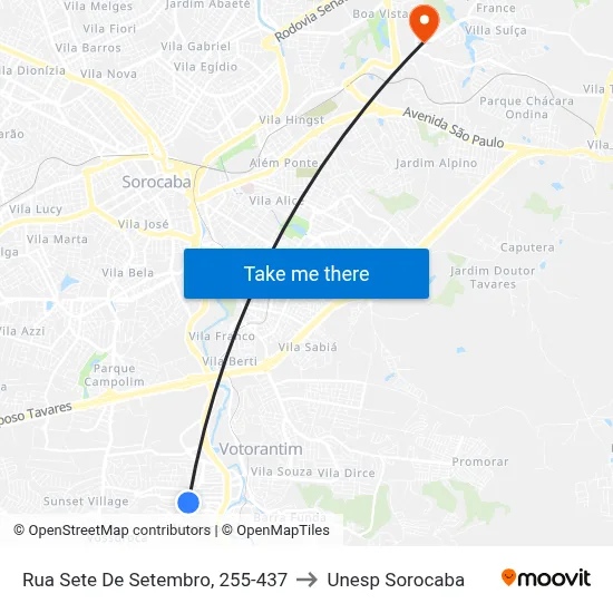 Rua Sete De Setembro, 255-437 to Unesp Sorocaba map