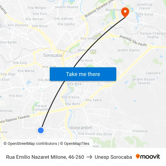 Rua Emílio Nazaret Milone, 46-260 to Unesp Sorocaba map