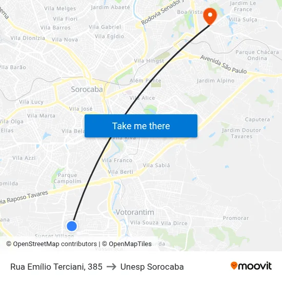 Rua Emílio Terciani, 385 to Unesp Sorocaba map