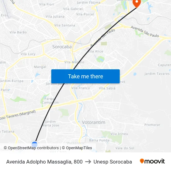Avenida Adolpho Massaglia, 800 to Unesp Sorocaba map