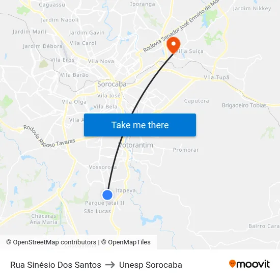Rua Sinésio Dos Santos to Unesp Sorocaba map