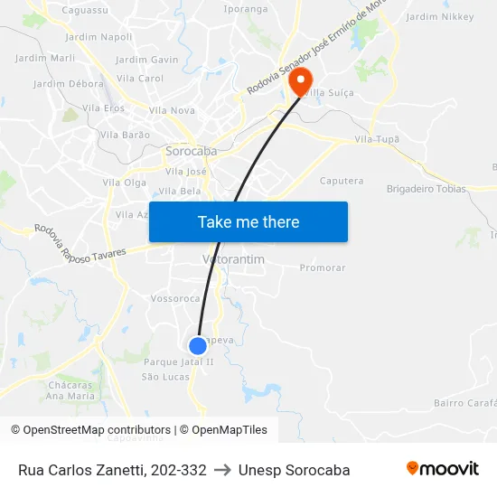 Rua Carlos Zanetti, 202-332 to Unesp Sorocaba map