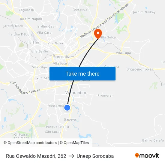 Rua Oswaldo Mezadri, 262 to Unesp Sorocaba map