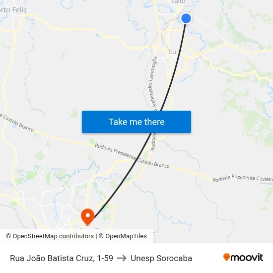 Rua João Batista Cruz, 1-59 to Unesp Sorocaba map