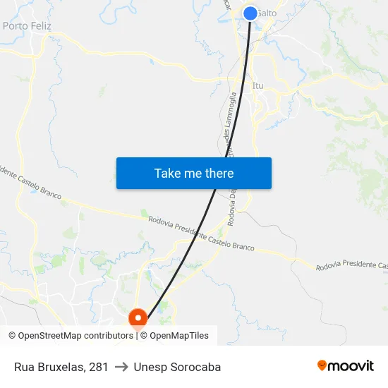 Rua Bruxelas, 281 to Unesp Sorocaba map