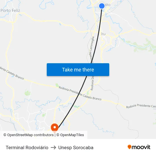 Terminal Rodoviário to Unesp Sorocaba map