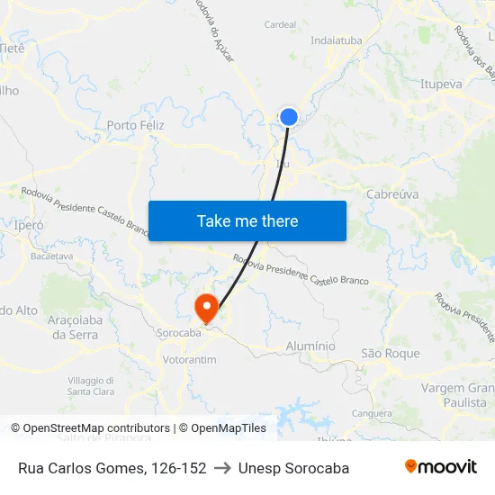 Rua Carlos Gomes, 126-152 to Unesp Sorocaba map