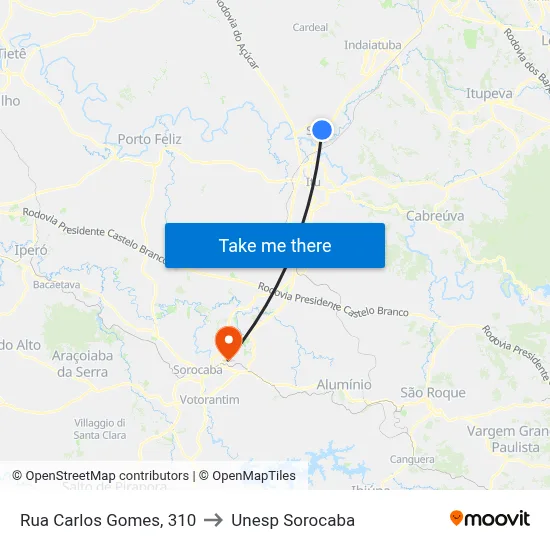 Rua Carlos Gomes, 310 to Unesp Sorocaba map