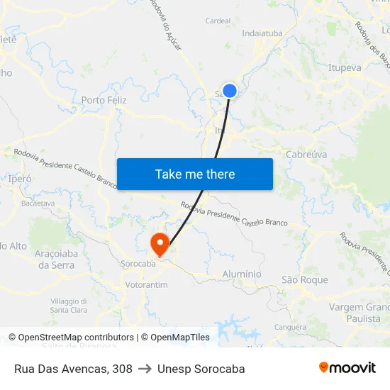 Rua Das Avencas, 308 to Unesp Sorocaba map