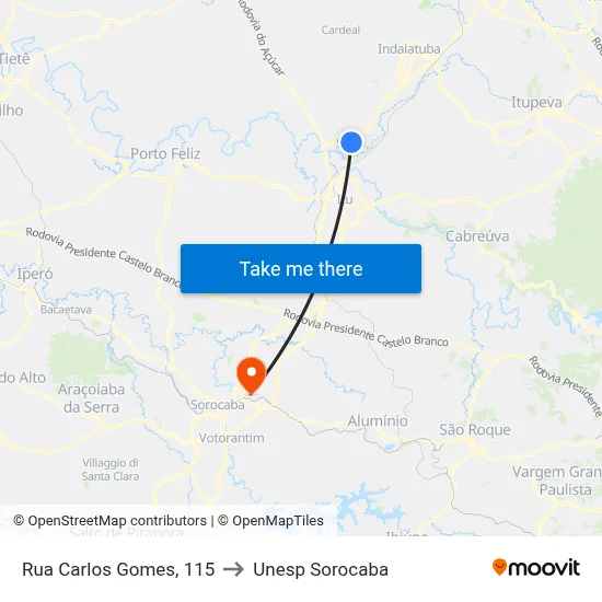 Rua Carlos Gomes, 115 to Unesp Sorocaba map
