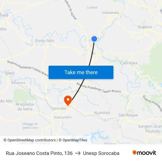 Rua Joseano Costa Pinto, 136 to Unesp Sorocaba map