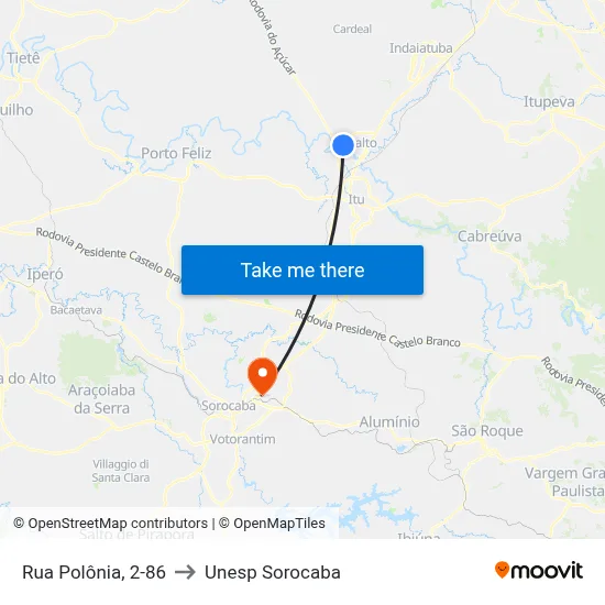 Rua Polônia, 2-86 to Unesp Sorocaba map