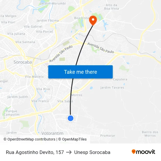 Rua Agostinho Devito, 157 to Unesp Sorocaba map