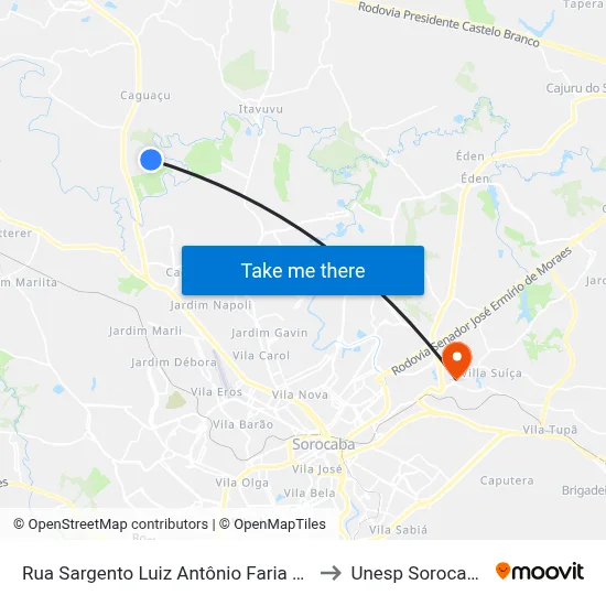 Rua Sargento Luiz Antônio Faria 45 to Unesp Sorocaba map