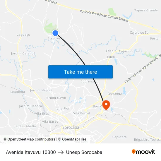 Avenida Itavuvu 10300 to Unesp Sorocaba map