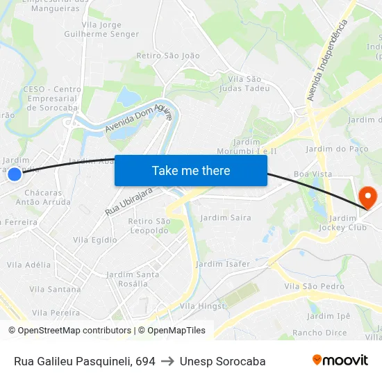 Rua Galileu Pasquineli, 694 to Unesp Sorocaba map
