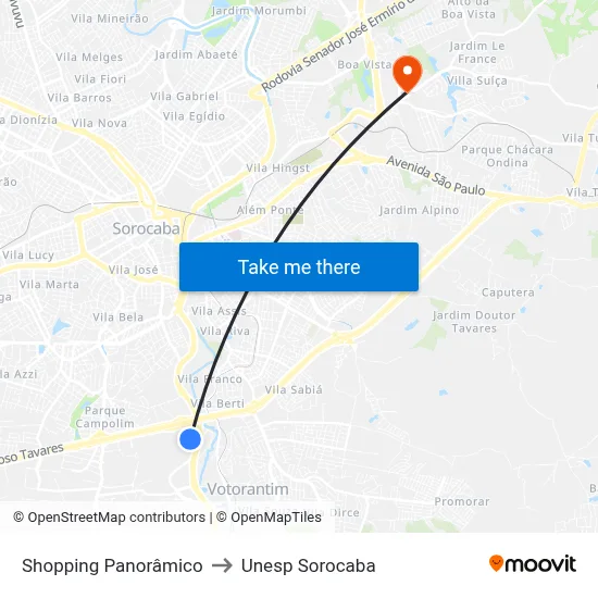 Shopping Panorâmico to Unesp Sorocaba map