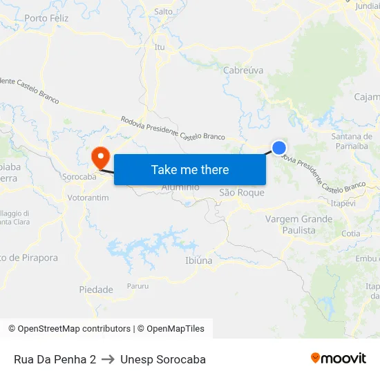 Rua Da Penha 2 to Unesp Sorocaba map