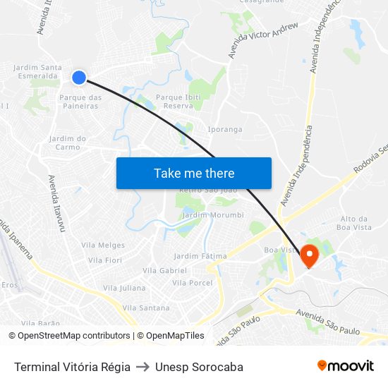 Terminal Vitória Régia to Unesp Sorocaba map