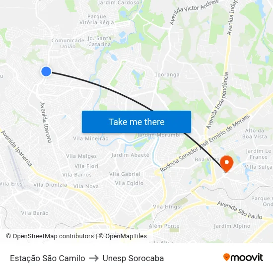 Estação São Camilo to Unesp Sorocaba map