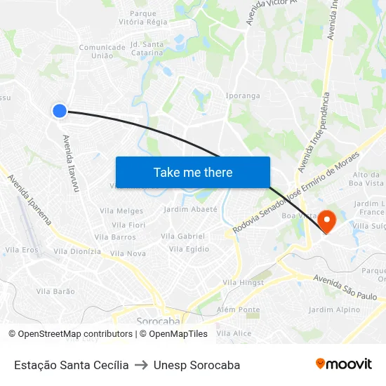 Estação Santa Cecília to Unesp Sorocaba map