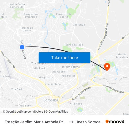 Estação Jardim Maria Antônia Prado to Unesp Sorocaba map