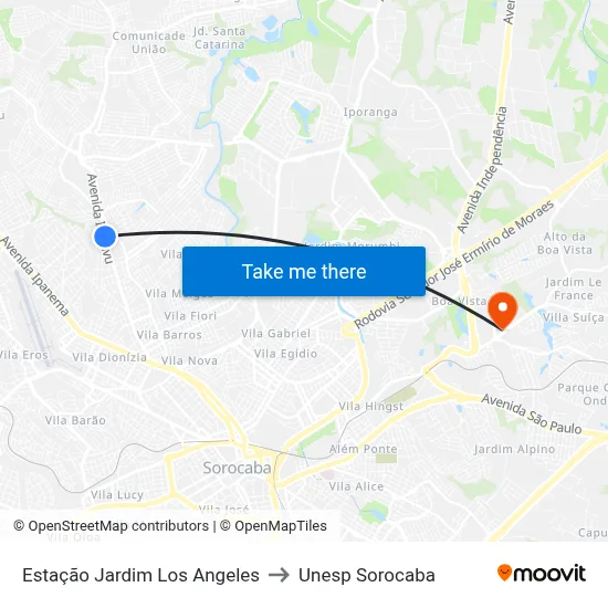 Estação Jardim Los Angeles to Unesp Sorocaba map