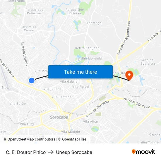 C. E. Doutor Pitico to Unesp Sorocaba map