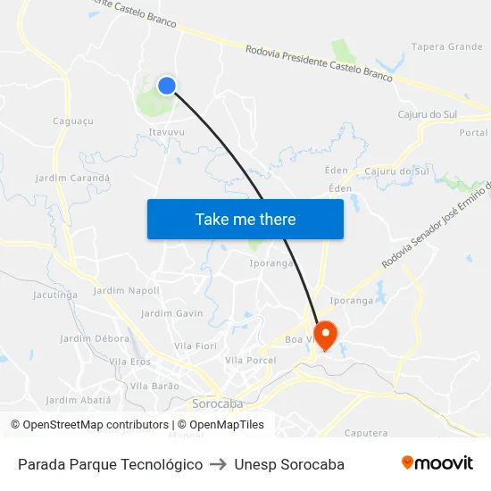 Parada Parque Tecnológico to Unesp Sorocaba map
