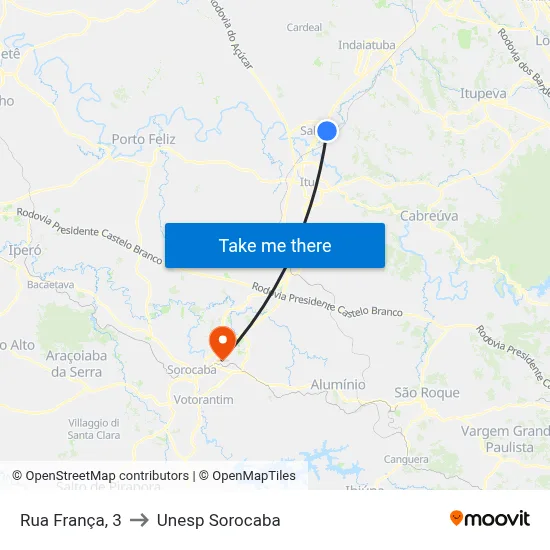 Rua França, 3 to Unesp Sorocaba map