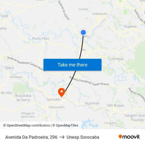 Avenida Da Padroeira, 296 to Unesp Sorocaba map
