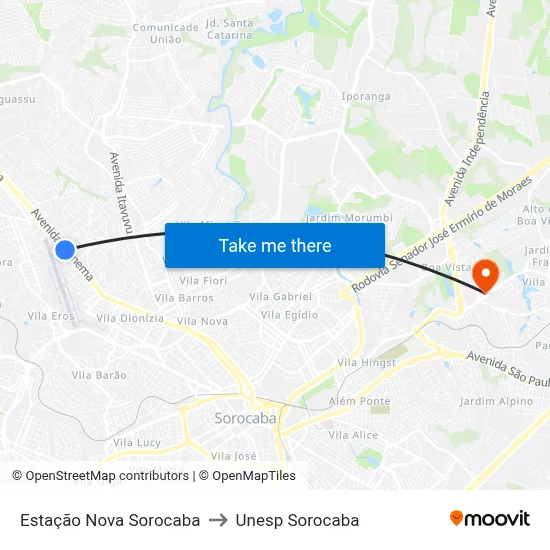 Estação Nova Sorocaba to Unesp Sorocaba map