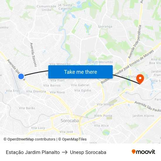 Estação Jardim Planalto to Unesp Sorocaba map