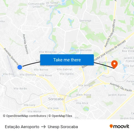 Estação Aeroporto to Unesp Sorocaba map