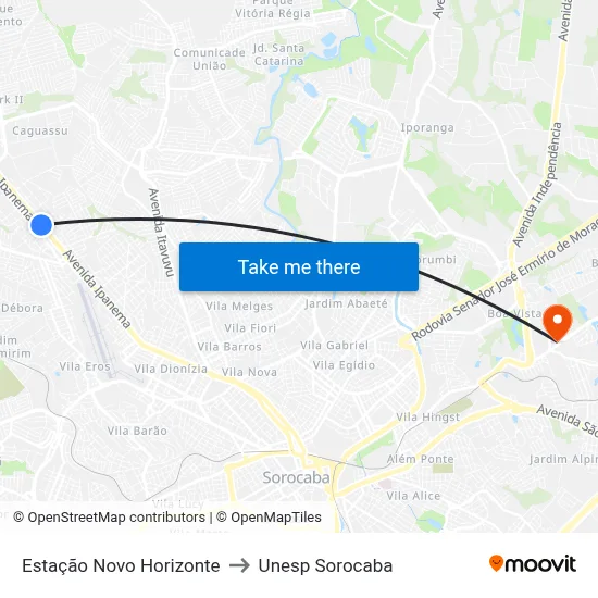 Estação Novo Horizonte to Unesp Sorocaba map