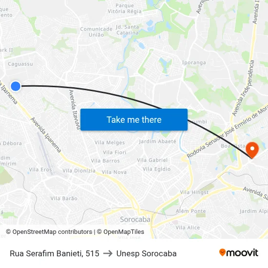 Rua Serafim Banieti, 515 to Unesp Sorocaba map
