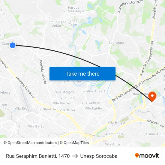 Rua Seraphim Banietti, 1470 to Unesp Sorocaba map