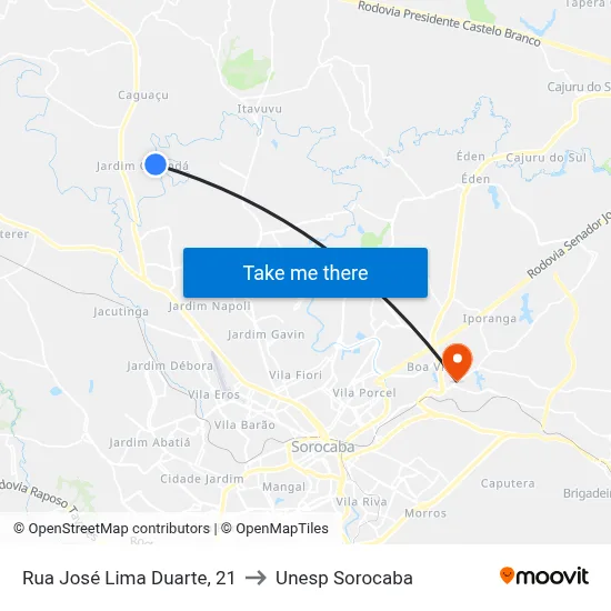 Rua José Lima Duarte, 21 to Unesp Sorocaba map