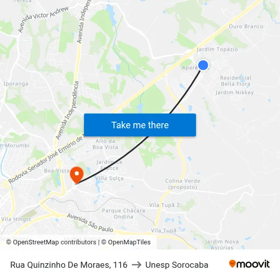 Rua Quinzinho De Moraes, 116 to Unesp Sorocaba map