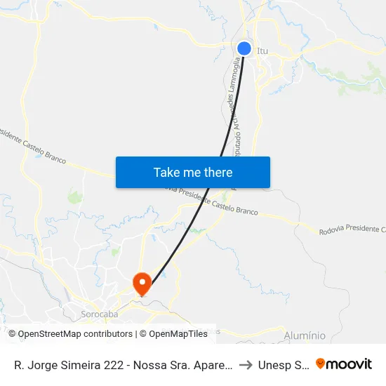 R. Jorge Simeira 222 - Nossa Sra. Aparecida Itu - SP 13313-100 Brasil to Unesp Sorocaba map