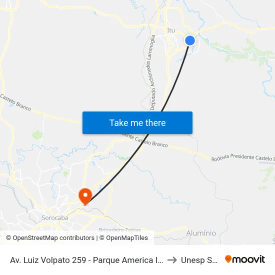 Av. Luiz Volpato 259 - Parque America Itu - SP 13304-370 Brasil to Unesp Sorocaba map