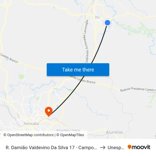 R. Damião Valdevino Da Silva 17 - Campos De Santo Antonio Itu - SP 13304-372 Brasil to Unesp Sorocaba map