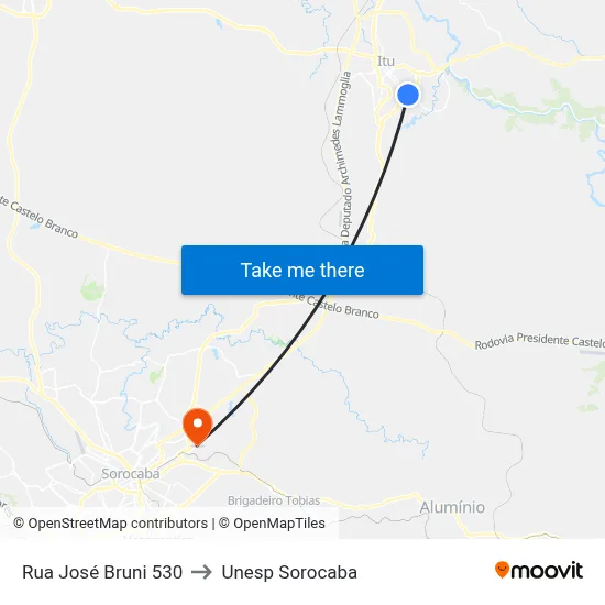 Rua José Bruni 530 to Unesp Sorocaba map