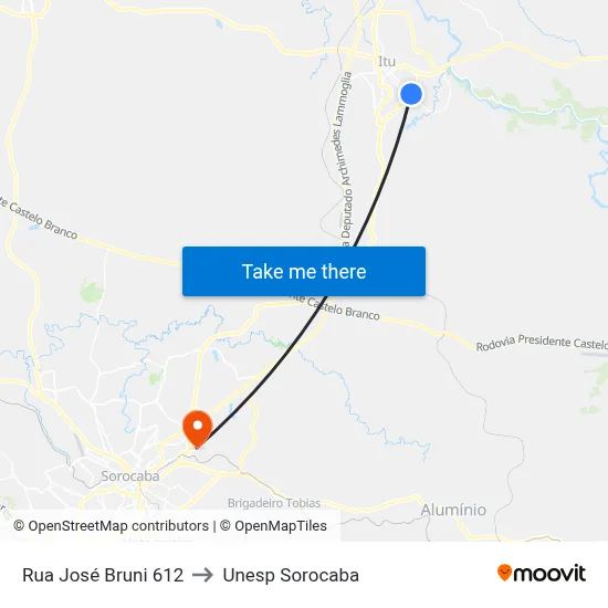 Rua José Bruni 612 to Unesp Sorocaba map