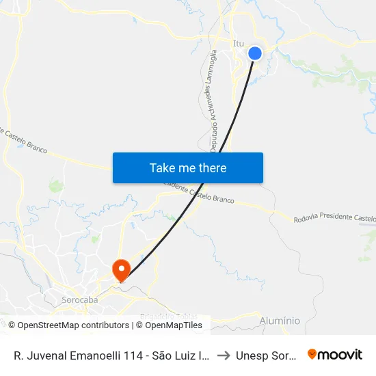 R. Juvenal Emanoelli 114 - São Luiz Itu - SP Brasil to Unesp Sorocaba map