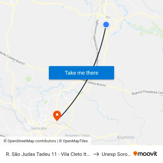 R. São Judas Tadeu 11 - Vila Cleto Itu - SP Brasil to Unesp Sorocaba map