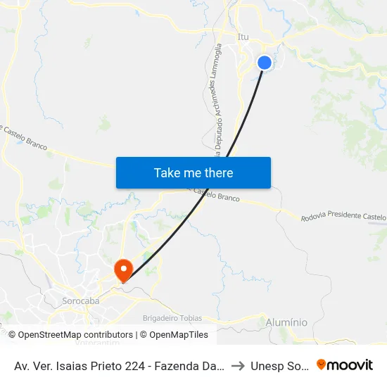 Av. Ver. Isaias Prieto 224 - Fazenda Da Mata Itu - SP Brasil to Unesp Sorocaba map