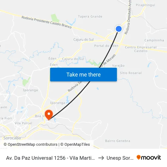 Av. Da Paz Universal 1256 - Vila Martins Itu - SP Brasil to Unesp Sorocaba map
